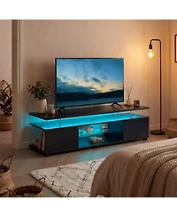 Rainsken Led Tv Stand with Ambient Lighting for 60" TVs, Modern Media Console with Large Side Storage Cabinet and Open Display Shelf for Living R