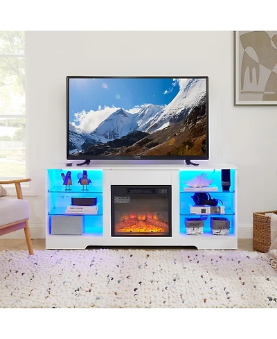 Rainsken Electric Fireplace Tv Stand, 58" Led Entertainment Center for Tv up to 32-62", Media Console with Usb Charging Outlet for Living Ro