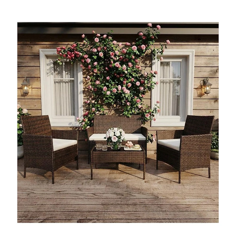 gaomon 4-Piece All-Weather Pe Patio Bistro Set, Cushions and Glass Table