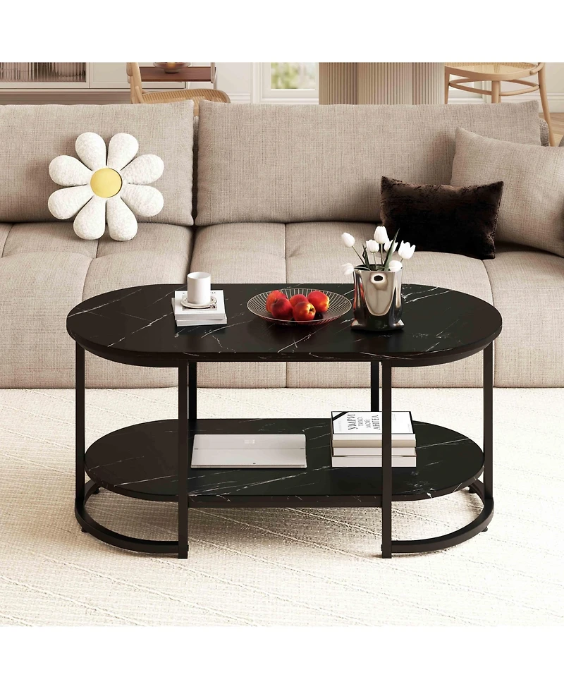Slickblue Marble Coffee Table with Open Storage Shelf-White