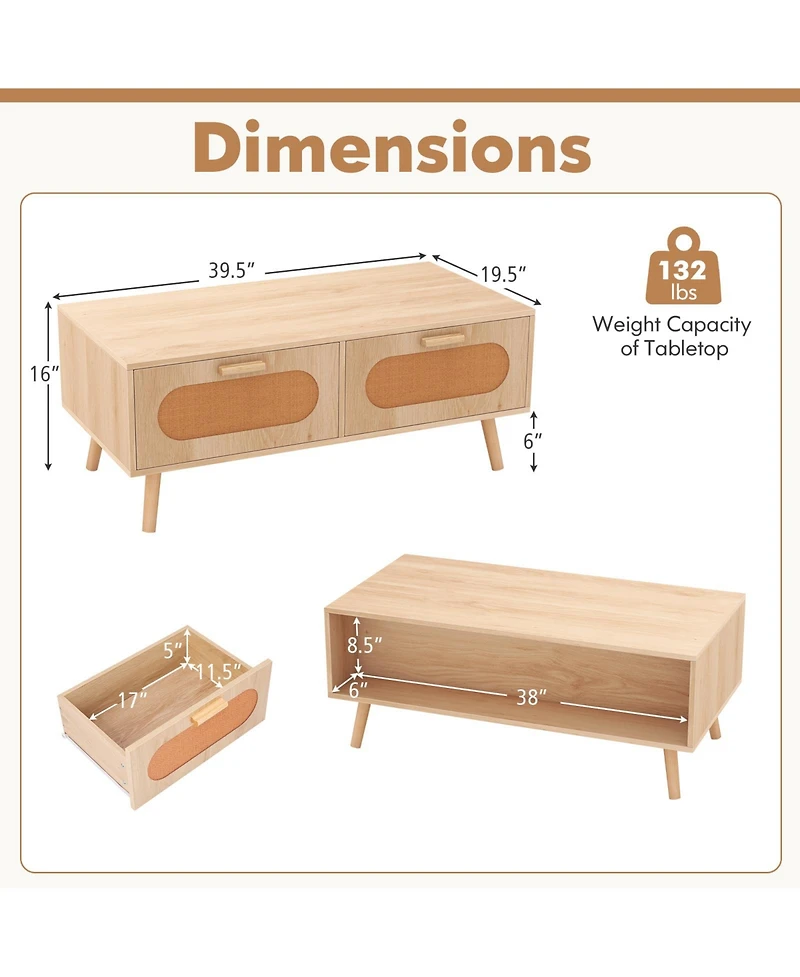 Slickblue Rattan Coffee Table Mid Century Modern with Storage