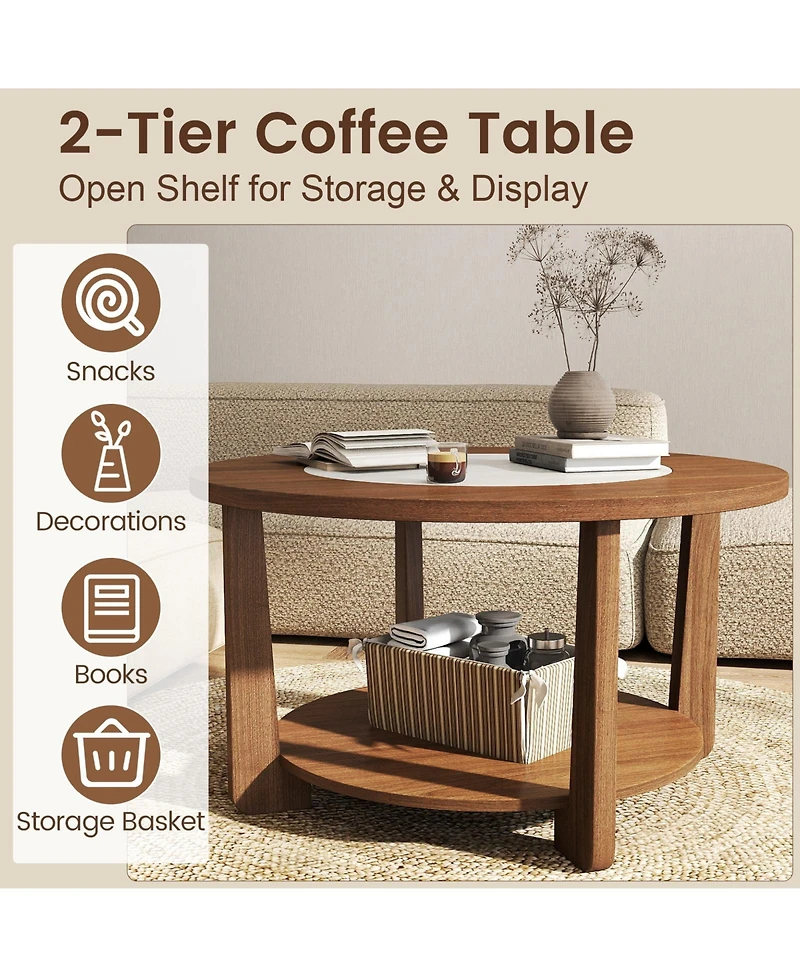 Slickblue Round Farmhouse Coffee Table 2 Tone Storage Shelf