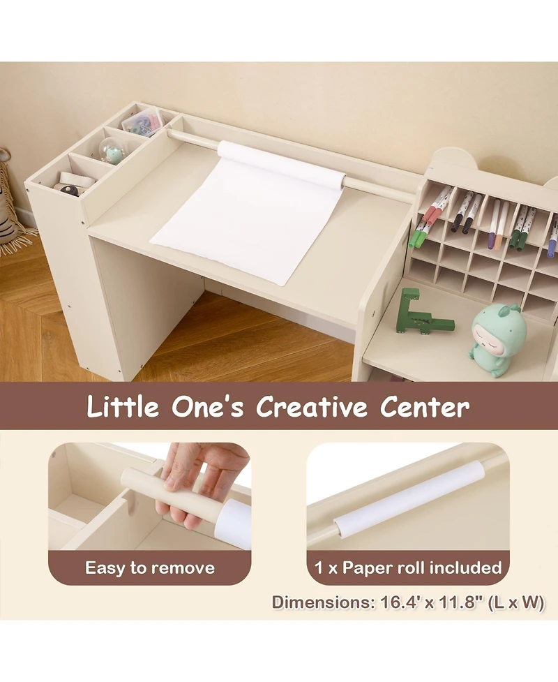 Sugift Kids Art Table and Chair Set with Paper Roll Holder Cabinet