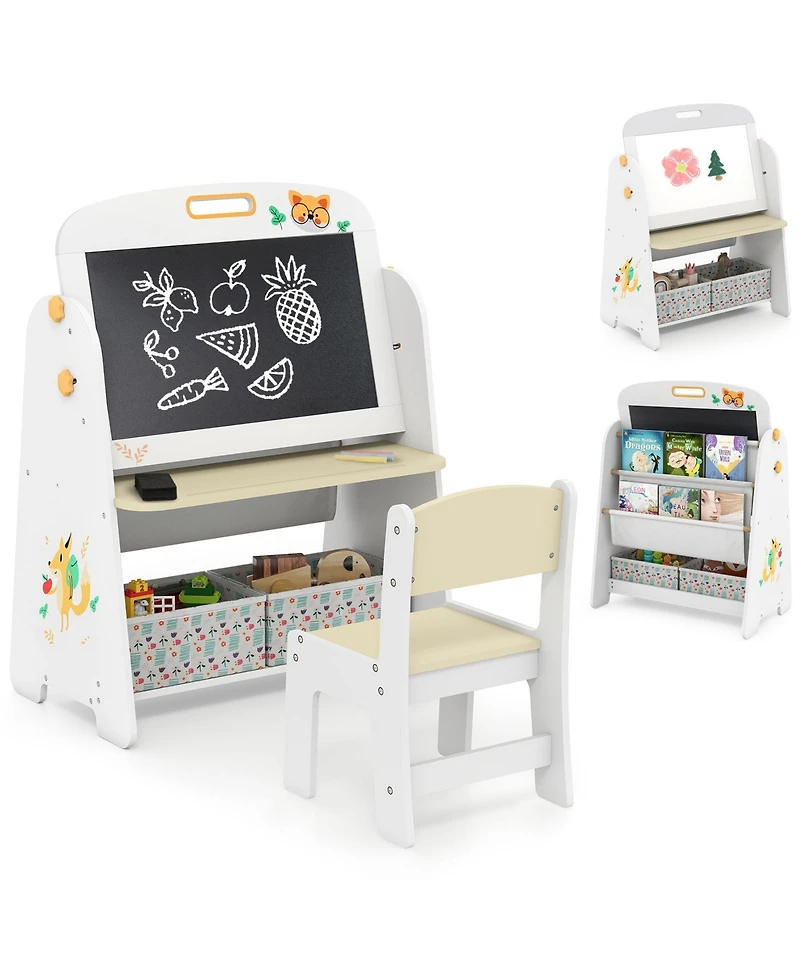 Slickblue 4-in-1 Kids Art Easel Table and Chair Set with Magnetic Whiteboard and Bookshelf