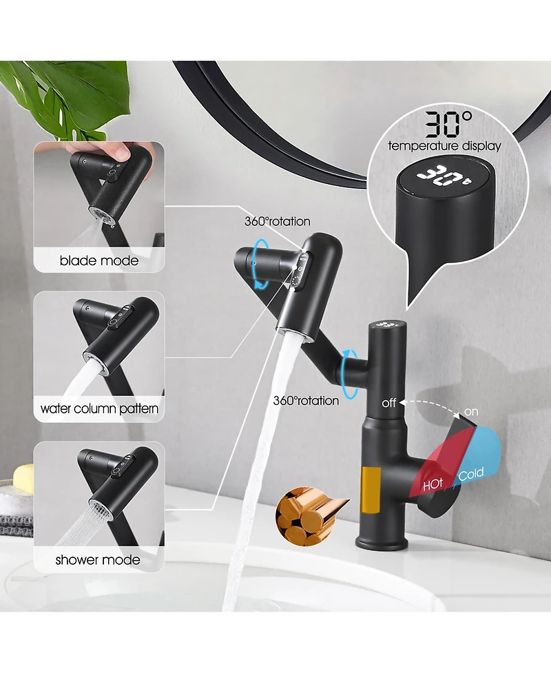 Busdays Bathroom Sink Faucet with Spray Function, Temperature Display, Anti-Slip Switch, Hot and Cold Controls, and 360degree(s) Swivel Spout