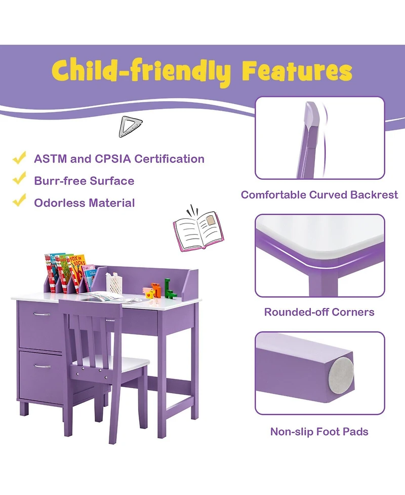 Sugift Kids Wooden Writing Desk Set with Drawer and Storage Cabinet