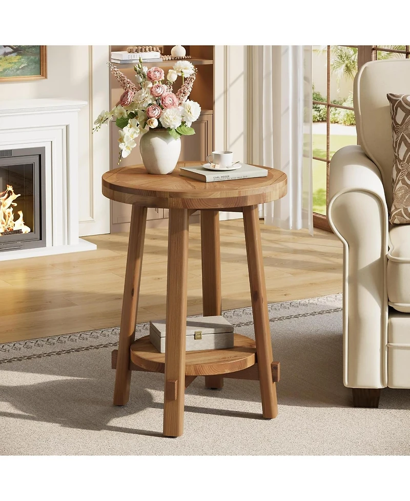 Tribesigns Solid Wood Side Table Set of 2, Small Round End Table with 2-Tier Storage, Farmhouse Wooden Circle Bedside Nightstand