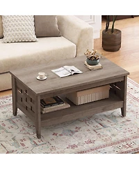 Farmhouse 2-Tier Coffee Table with Open Shelf and Woven Decor for Living Room