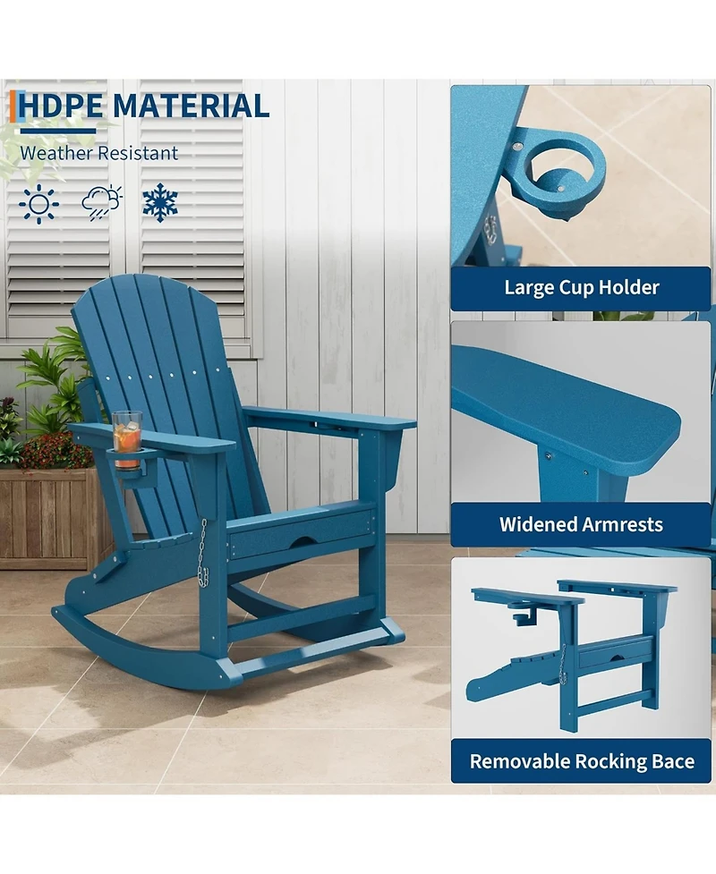 gaomon Folding Adirondack Rocking Chair with Retractable Ottoman and Cup Holders, Hdpe All-Weather Outdoor Chair for Porch