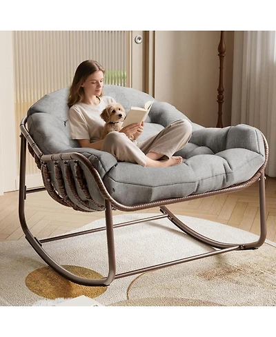 gaomon Outdoor Papasan Rocking Chair, Oversized Wicker Lounge Chair with Cushion and Metal Frame, Patio Rattan Egg Rocker for Balcony Backyard Porch