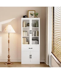 Homsee 4-Shelf Wood Standard Bookcase With Doors, Cabinet, Drawer