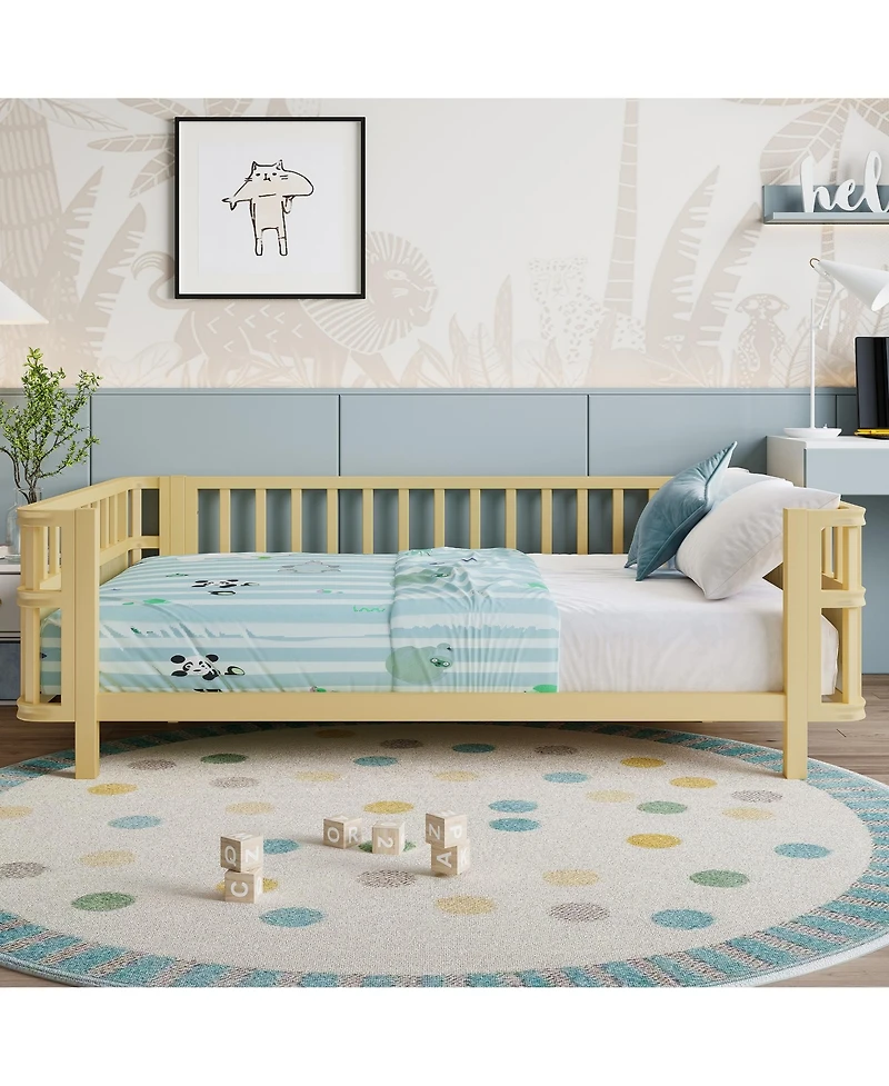 Jujabu Full Size Kids Double Wooden Platform Bed with Safety Railings