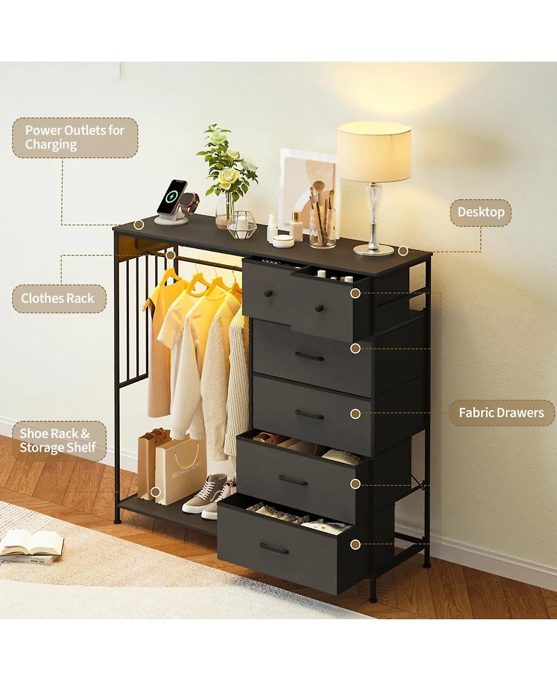 gaomon 49.2" Dresser with Hanging Rack and Led Lights, 6-Drawer Closet Organizer with Charging Station