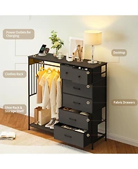 gaomon 49.2" Dresser with Hanging Rack and Led Lights, 6-Drawer Closet Organizer with Charging Station