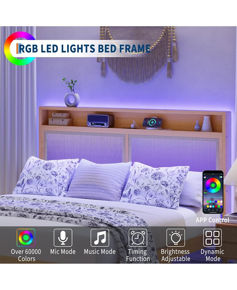Homfan Bed Frame with Rattan Headboard ,Bohemian Bed Frame with Led Lights and Charging Station