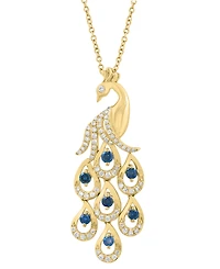 Effy Collection White Diamond (1/3 ct. t.w.) and Blue Diamond (1/3 ct. t.w.) Peacock Pendant Necklace in 14k Yellow Gold