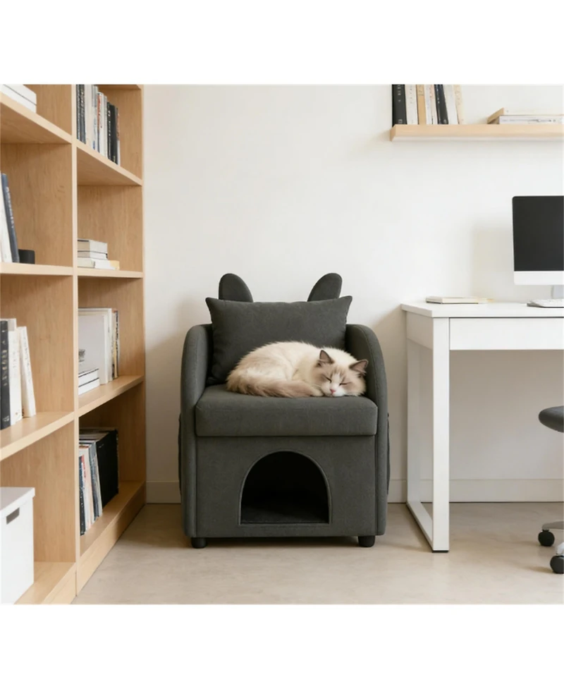 Zeus & Ruta Dark Bunny-Ear Cat Armchair Scratch-Resistant Fabric Built-in Hideaway Dual-Use Sofa with Side Pocket