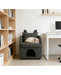 Zeus & Ruta Dark Bunny-Ear Cat Armchair Scratch-Resistant Fabric Built-in Hideaway Dual-Use Sofa with Side Pocket