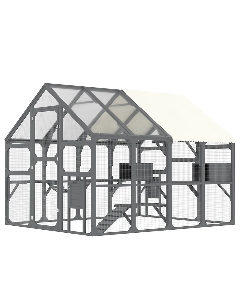Zeus & Ruta Large Outdoor Cat Enclosure Wooden Shelter 7 Platforms 2 Resting Boxes 2 Bridges Waterproof Uv Proof Canopy