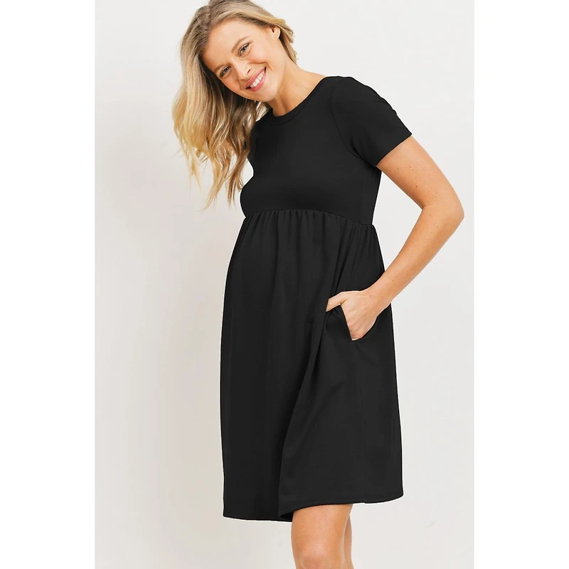 Hello Miz Maternity Crew Neck Empire Waist Mini T-Shirt Dress with Pockets
