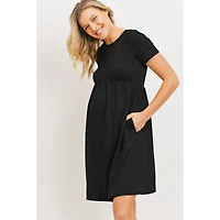 Hello Miz Maternity Crew Neck Empire Waist Mini T-Shirt Dress with Pockets