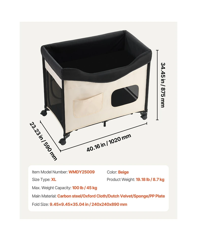 Zeus & Ruta Elevated Cat Lounge Foldable Bunk 600D Oxford Dutch Velvet Cot on Wheels Side Pouches Carry Bag Xl Beige