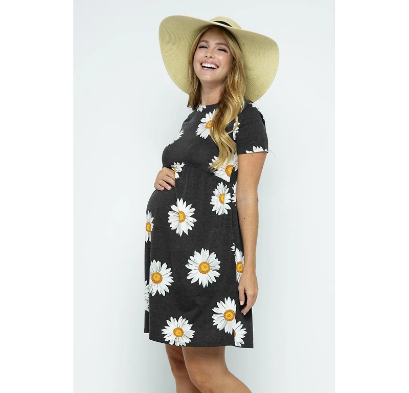 Hello Miz Maternity Womeen's Floral Empire Waist T-Shirt Dress with Pockets