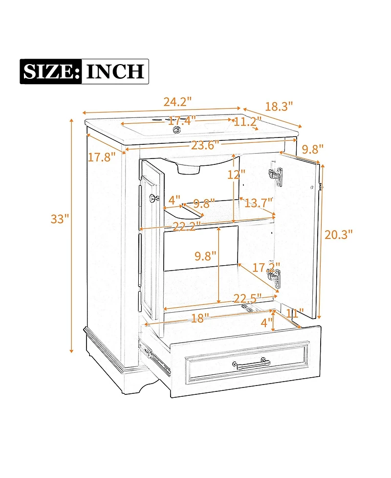 Busdays 24 Inch Bathroom Vanity with Ceramic Sink Combo Modern Freestanding Storage Cabinet Handles Soft Closing Doors