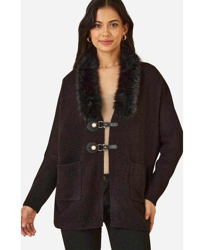 Yumi Women's Detachable Fur Collar Trim Cardigan