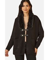 Yumi Women's Detachable Fur Collar Trim Cardigan