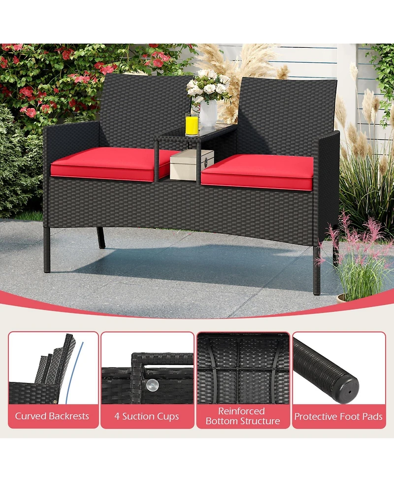 Sugift Patio Loveseat with Built In Table for Backyard or Porch
