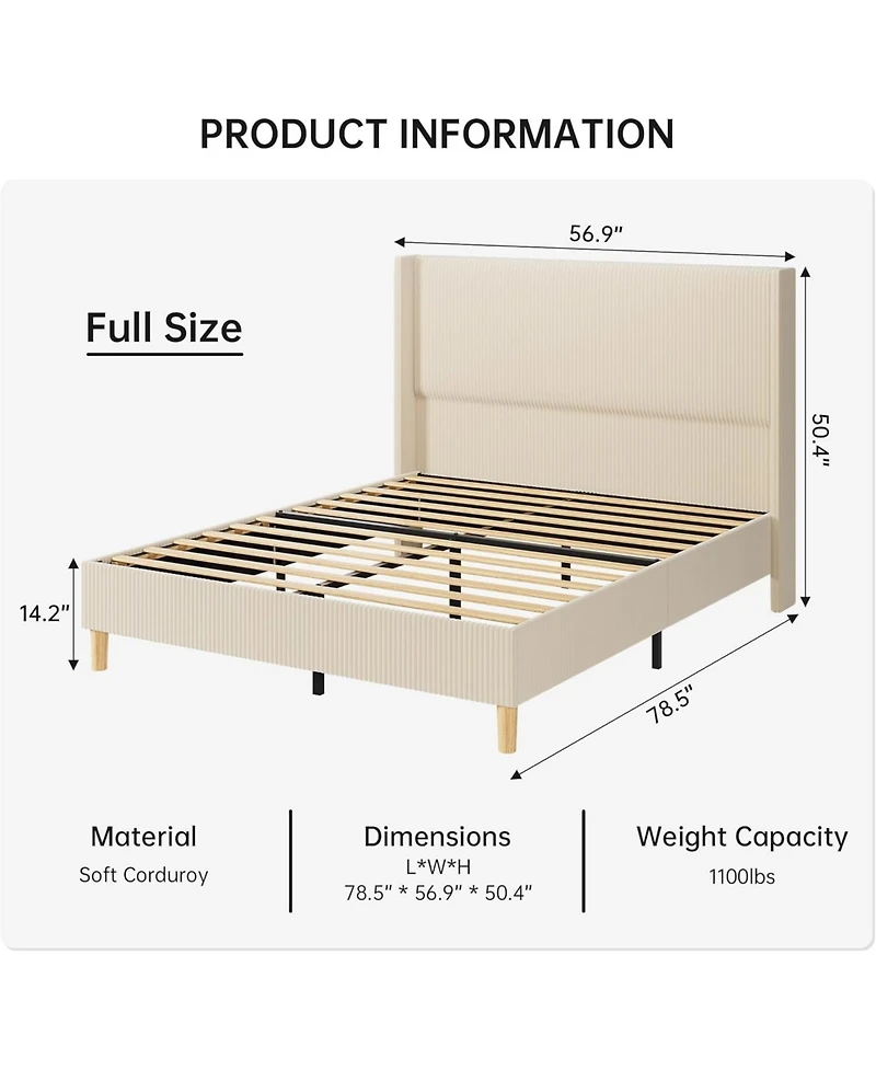 Homfan Upholstered Platform Bed Frame – Corduroy Vertical Channel Tufted Wingback Headboard