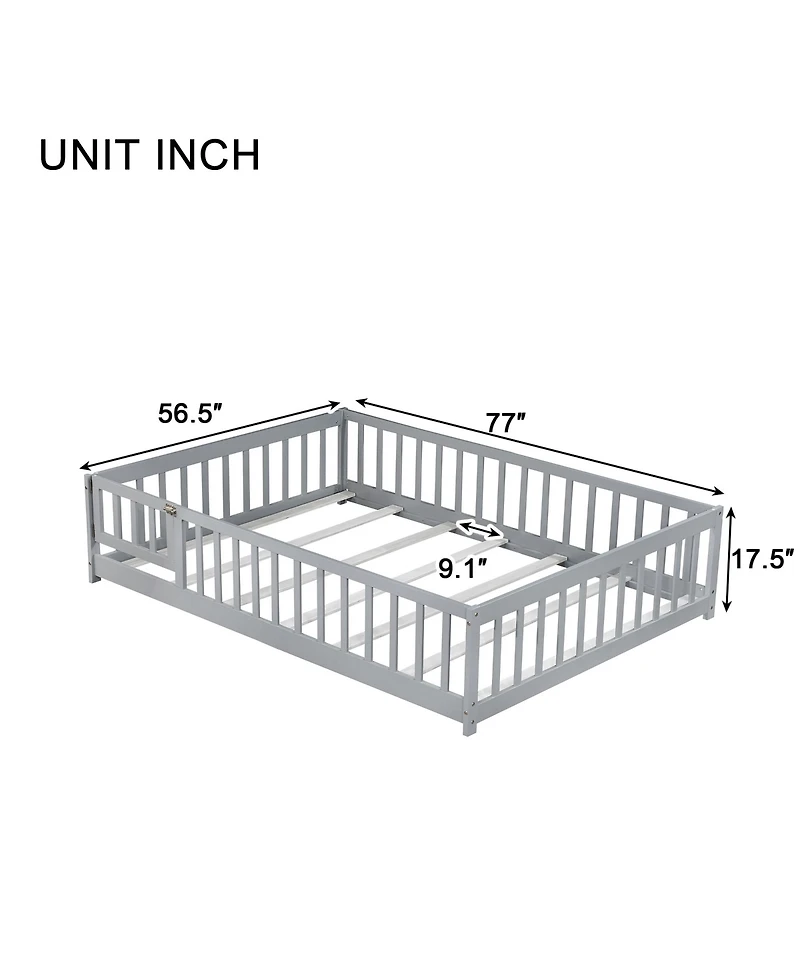Jujabu Full Rubber Wood Floor Bed with Fence Door and Safety Guardrails