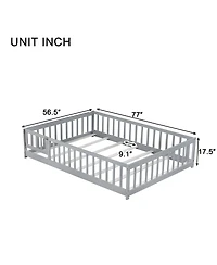 Jujabu Full Rubber Wood Floor Bed with Fence Door and Safety Guardrails