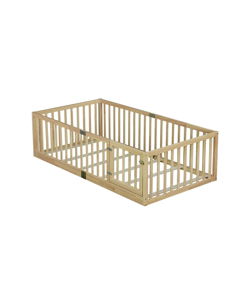Clihome Twin Size Floor Bed with High Fence Railings, with Door
