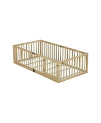 Clihome Twin Size Floor Bed with High Fence Railings, with Door