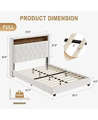 Homfan Bed Frame with Led Lights and Charging Station, Velvet Upholstered and Nailhead Trim Wingback