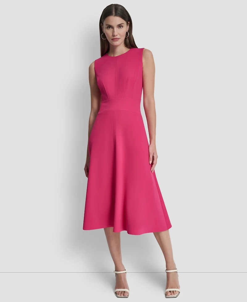 Dkny Women's Sleeveless Jewel Neck Fit and Flare Scuba Crepe Midi Dress