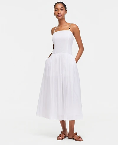 On 34th Women's Cotton Gauze Curved-Waist Mixed-Media Midi Dress, Macy's Exclusive
