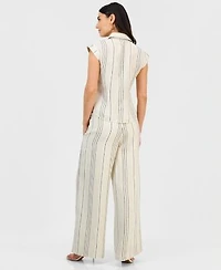 I.N.C. International Concepts Petite Short Sleeve Collared Button Up Blouse Wide Leg Pull On Pants Exclusively At Macys