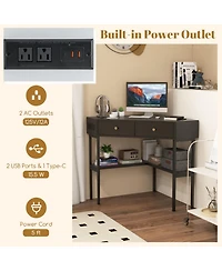 Gouun Triangle Corner Desk with Charging Station, 2 Drawers and Storage Shelf