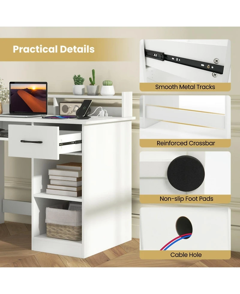 Gouun White Home Office Desk with Charging Station, Keyboard Tray and Adjustable Shelf