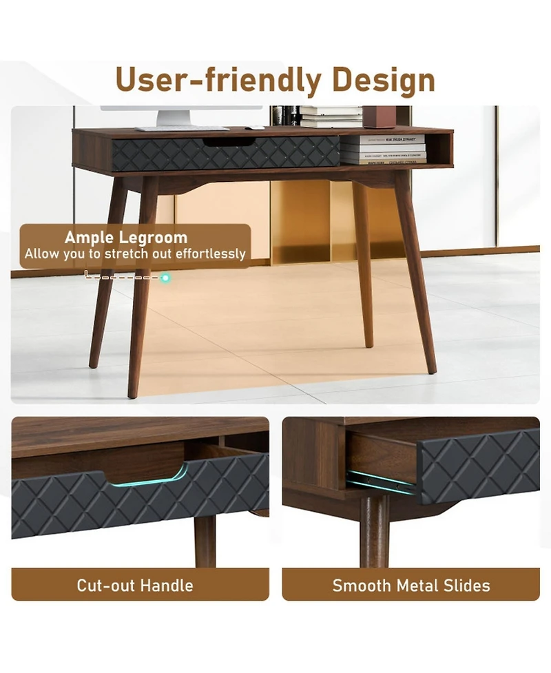 Gouun Mid-Century Modern Computer Desk with Drawer and Open Compartment