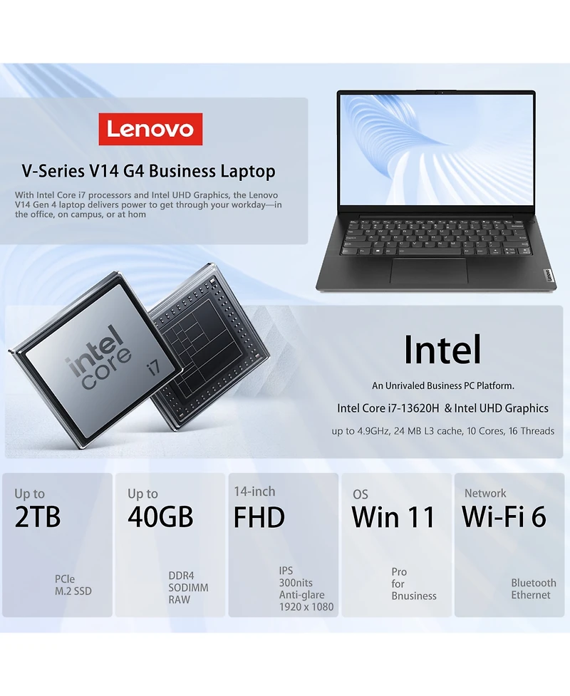 Lenovo V-Series V14 14" Traditional Laptop Intel Core i7 40GB Ram Intel Uhd Graphics 1TB Ssd Storage Windows 11 Pro 60Hz - Black