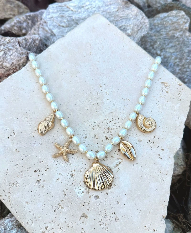 Adornia Gold Chunky Pearl and Sea Charms Necklace