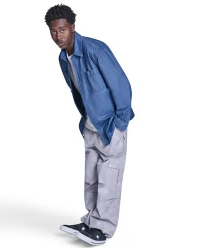 Converse Mens Collared Jersey Denim Shirt Box Logo Tee Paired With The Box Pattern Wide Leg Cargo Pants