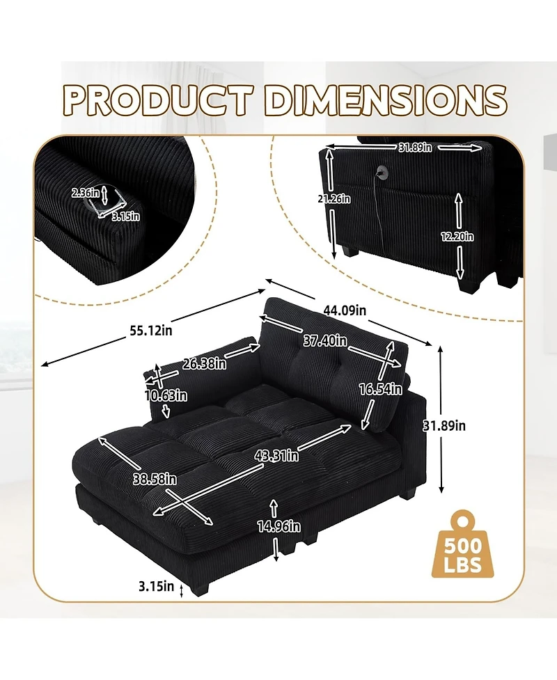 Rainsken Deep Seat Corduroy Sleeper Chaise Lounge, Sofa Bed with Usb Charging, Cup Holders, Side Storage Pockets and Pillow for Living Room