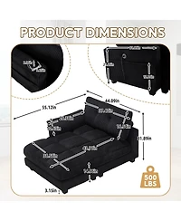 Rainsken Deep Seat Corduroy Sleeper Chaise Lounge, Sofa Bed with Usb Charging, Cup Holders, Side Storage Pockets and Pillow for Living Room