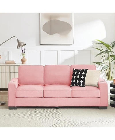 Rainsken Modern 3-Seater Sofa Couch, 83.86" Snowfleece Fabric Sofa, Comfy Compressed Couch with 2 Cup Holders for Living Room, Office