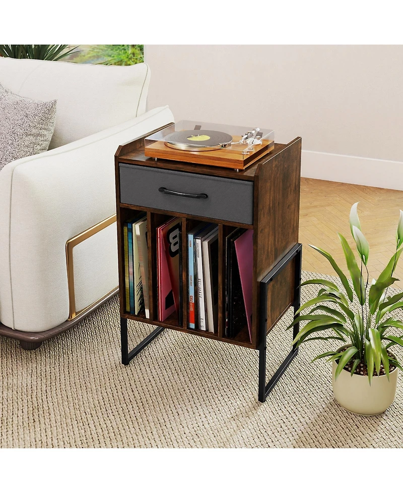 Sugift Record Player Stand with Drawer and Record Holder-Rustic